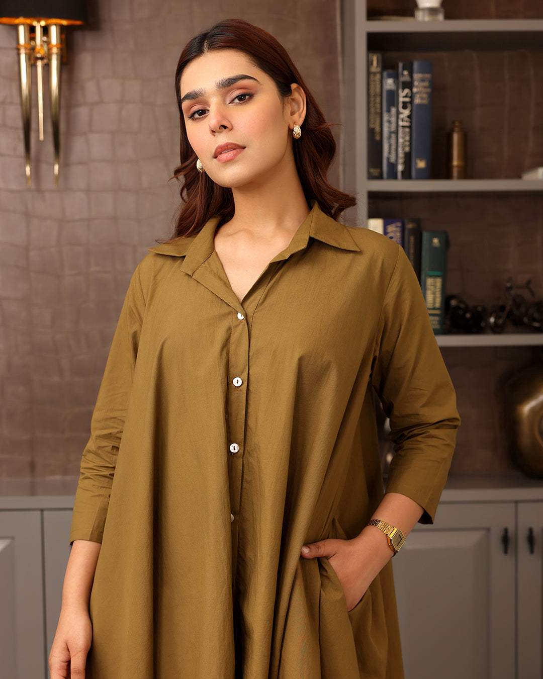 Basic Brown Poplin Shirt Dress
