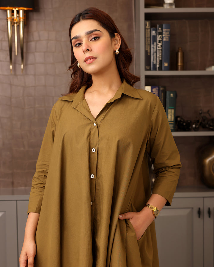 Basic Brown Poplin Shirt Dress