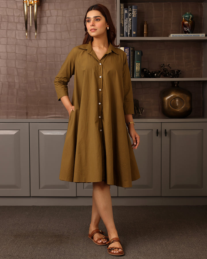 Basic Brown Poplin Shirt Dress
