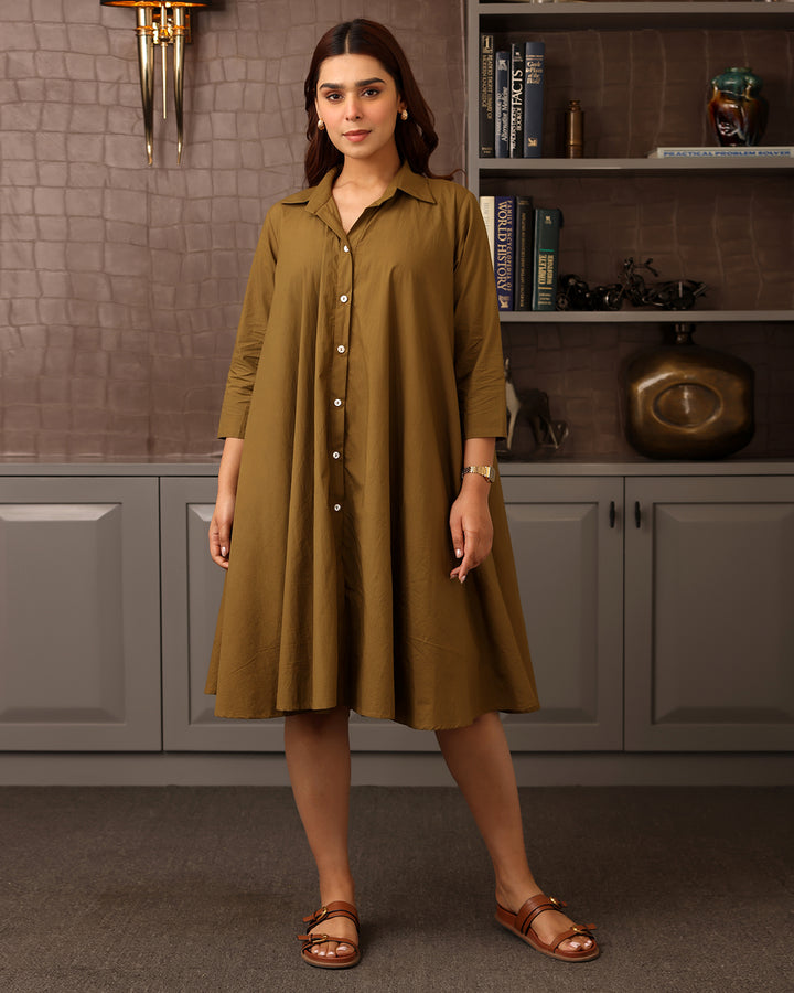Basic Brown Poplin Shirt Dress