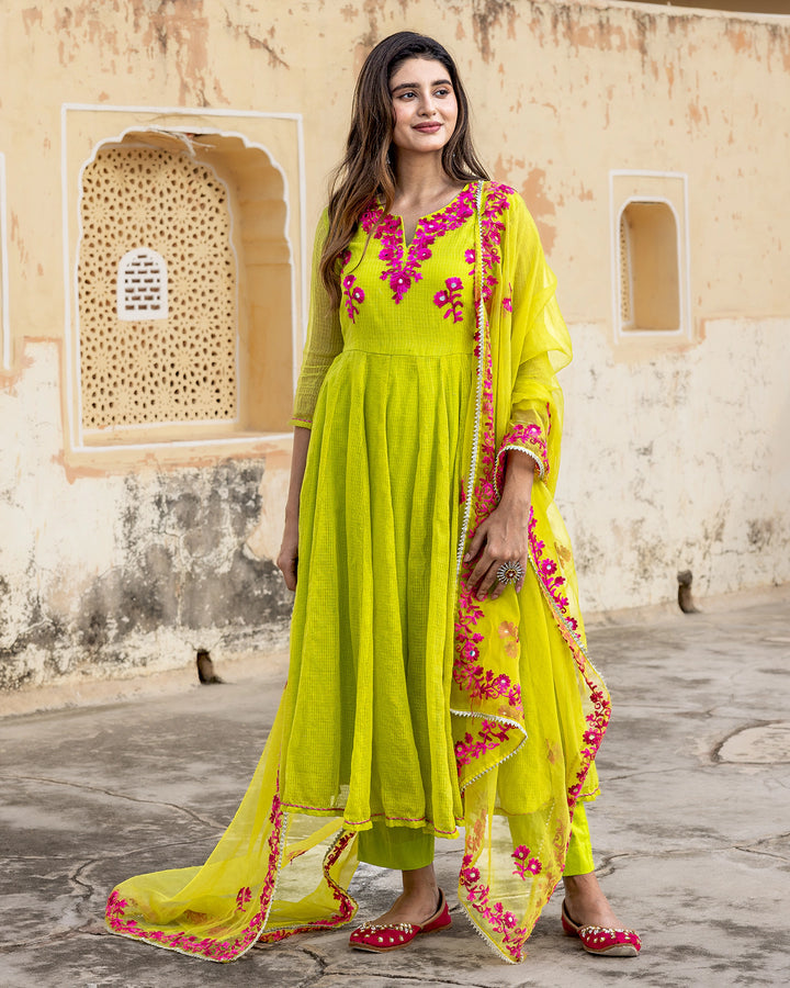 Lime Green Aari Work Suit Set