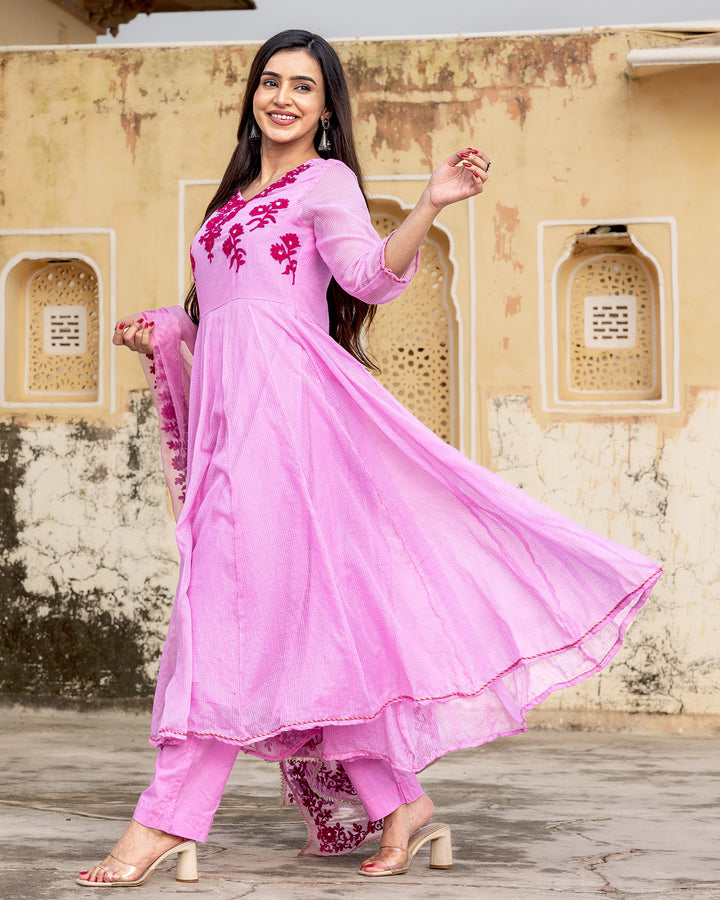 Pink Aari Work Suit Set