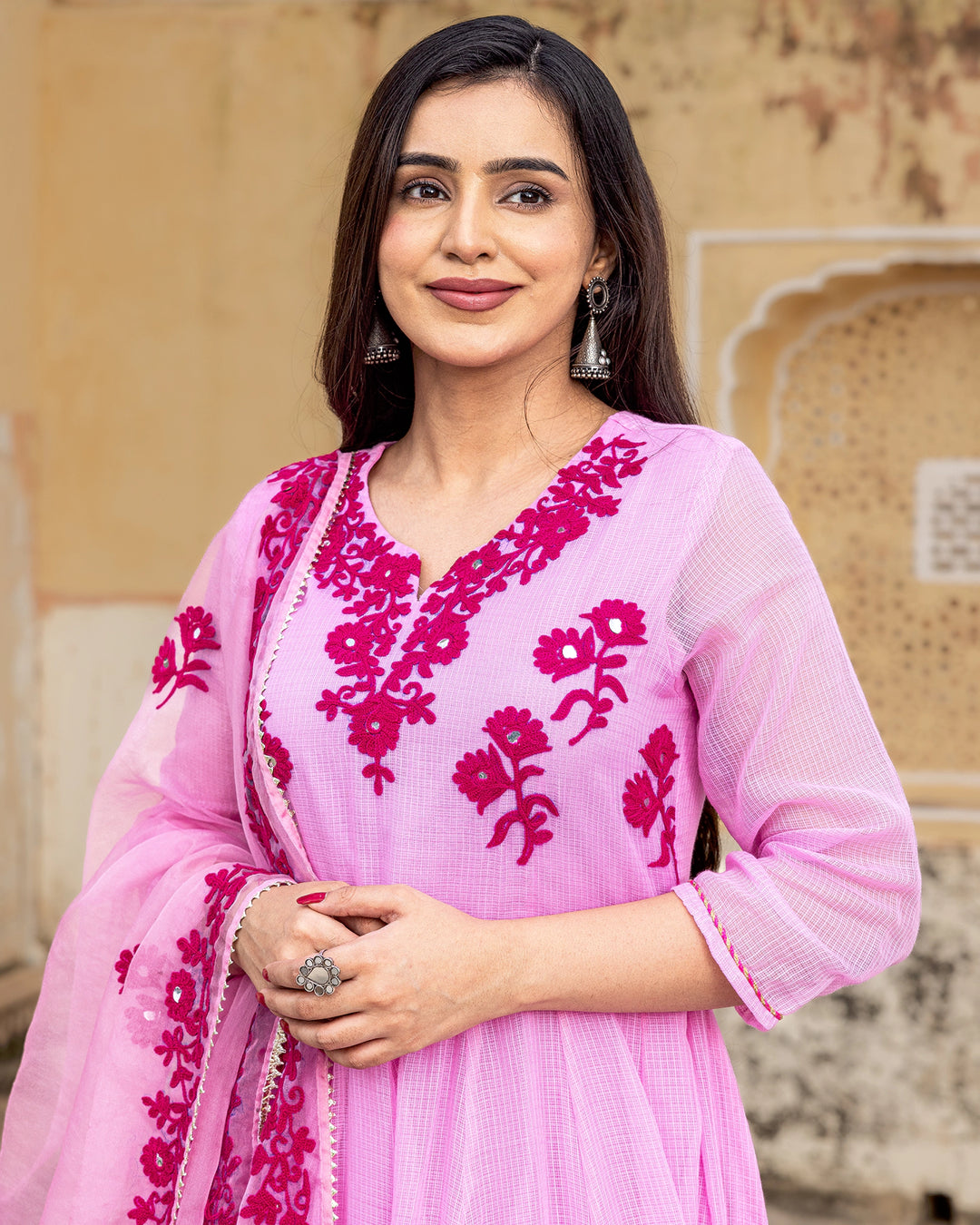 Pink Aari Work Suit Set