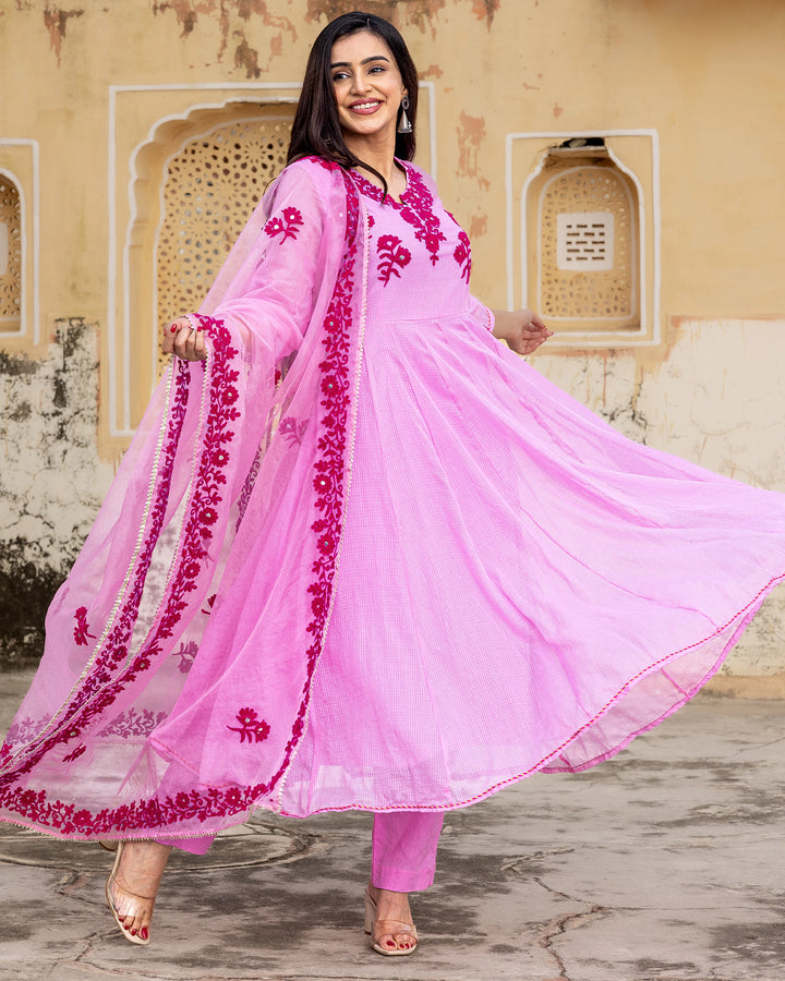 Pink Aari Work Suit Set