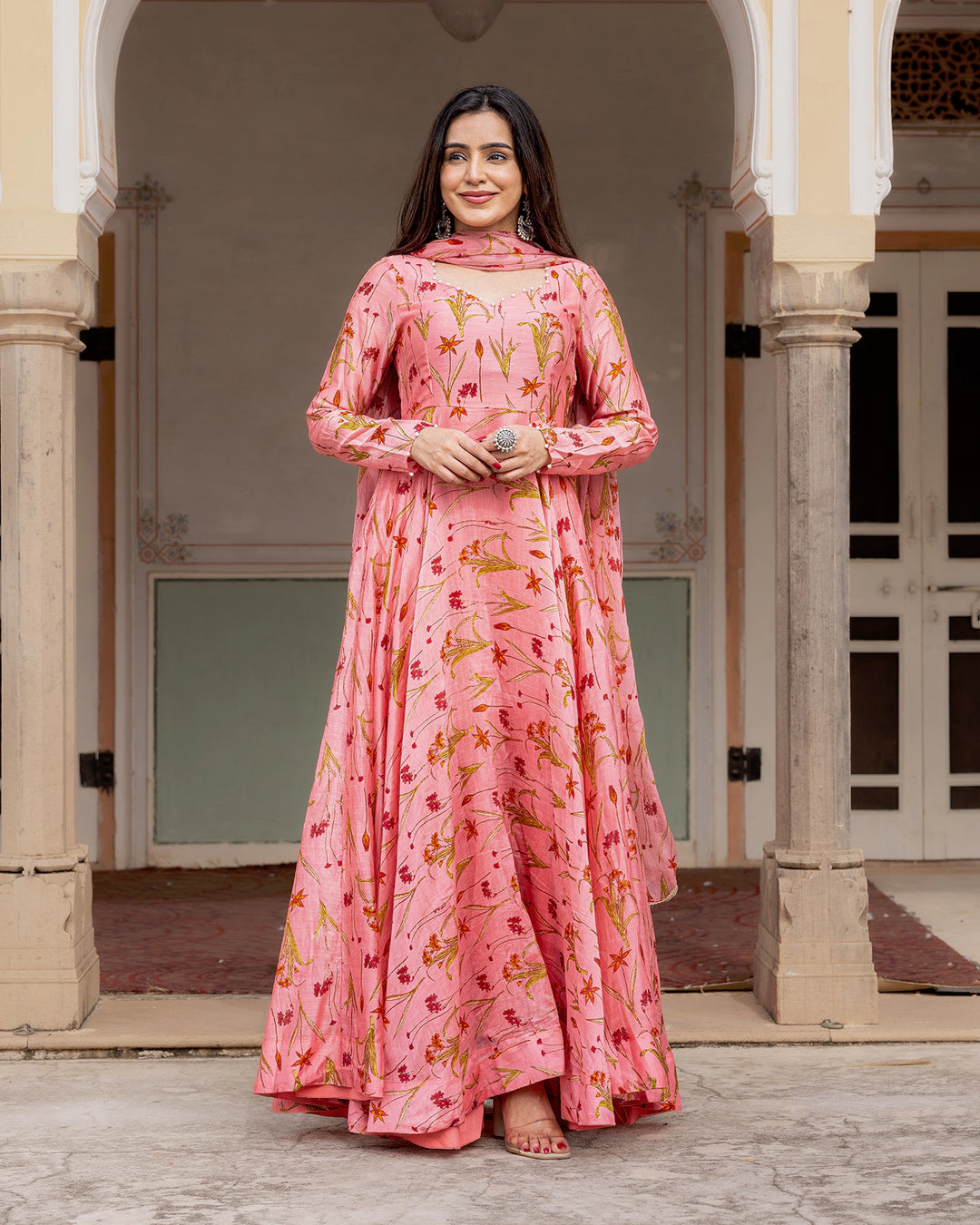 Pink Floral Anarkali Set