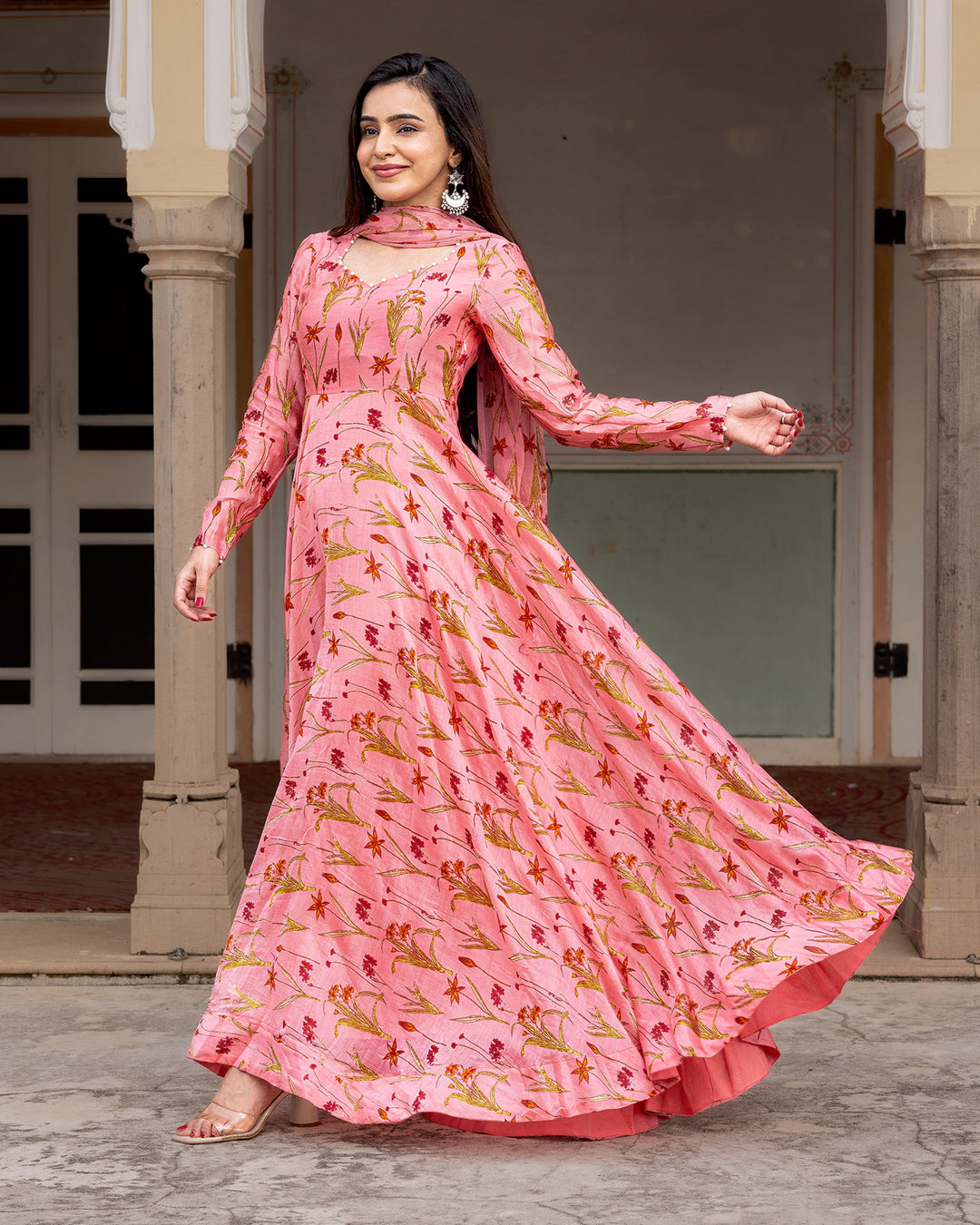 Pink Floral Anarkali Set