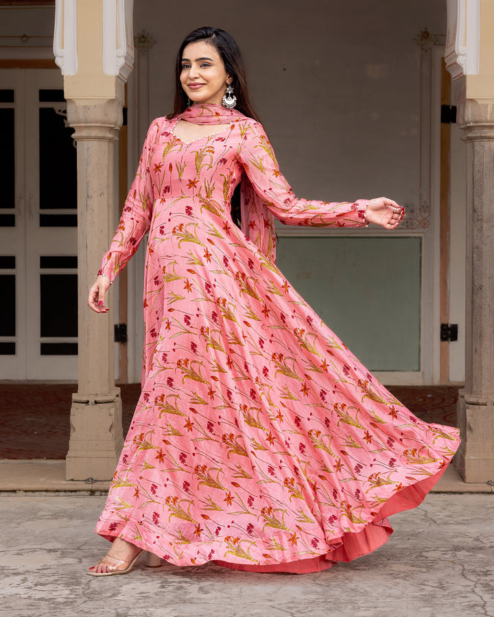 Pink Floral Anarkali Set