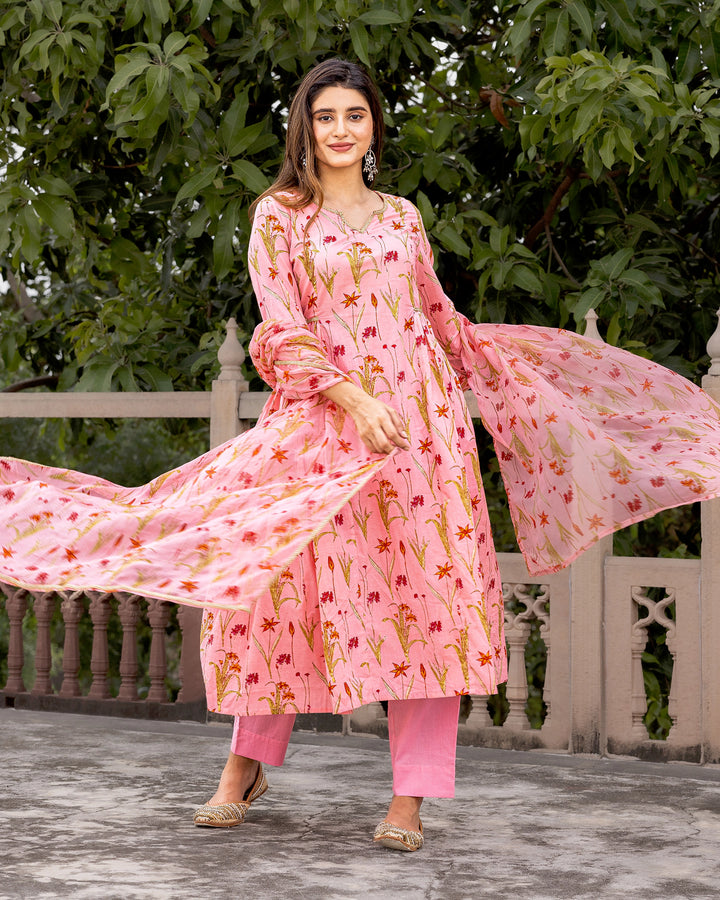 Pink Floral Cotton Suit Set
