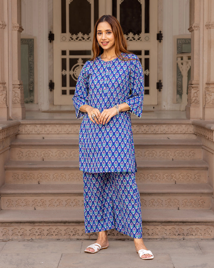 Blue Printed Cotton Kurta Set