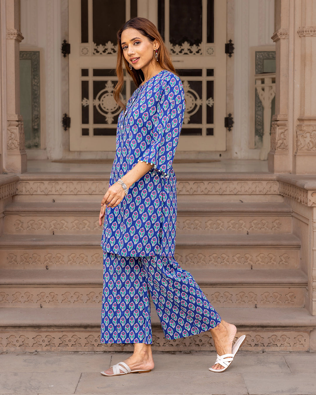 Blue Printed Cotton Kurta Set