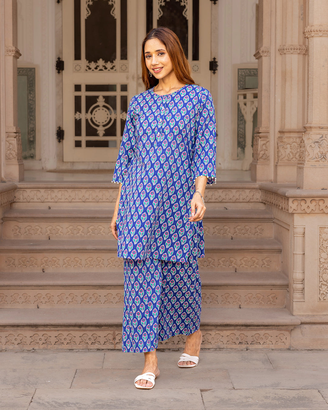 Blue Printed Cotton Kurta Set