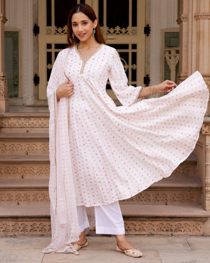 White Bandhani Anarkali Suit Set