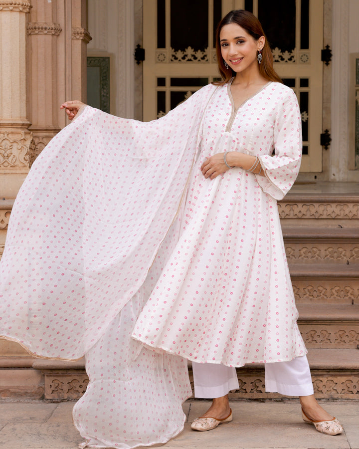 White Bandhani Anarkali Suit Set