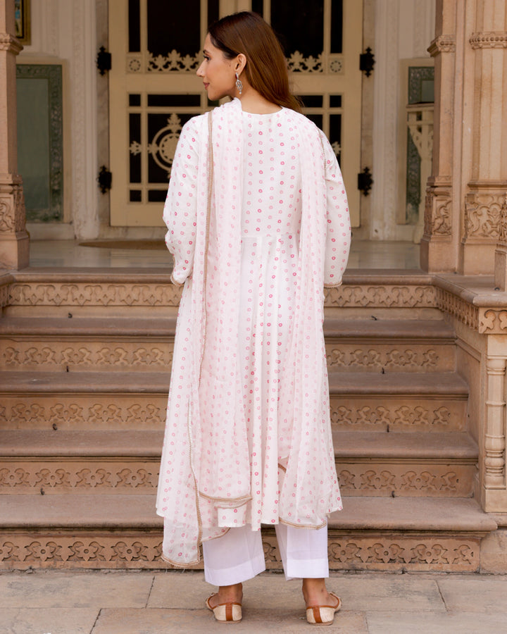 White Bandhani Anarkali Suit Set