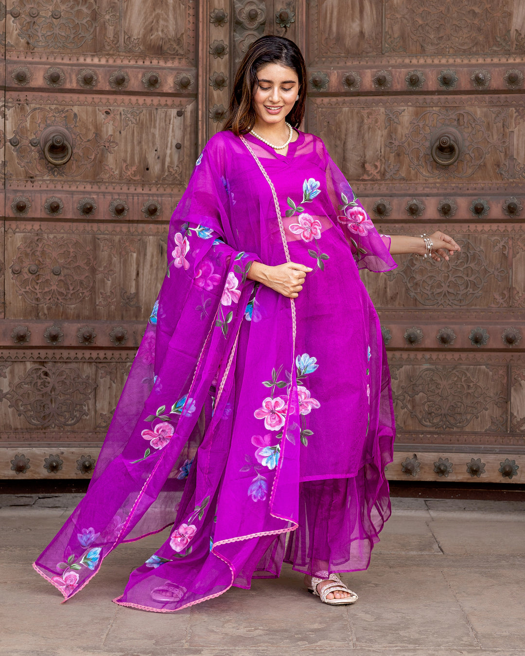 Purple Handpainted Organza Suit Set