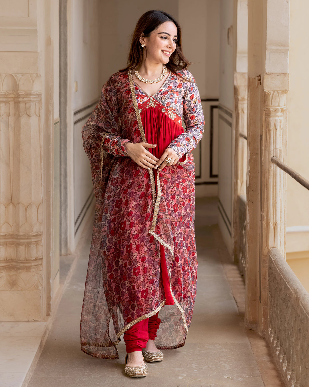 Red Floral Kalidaar Suit Set