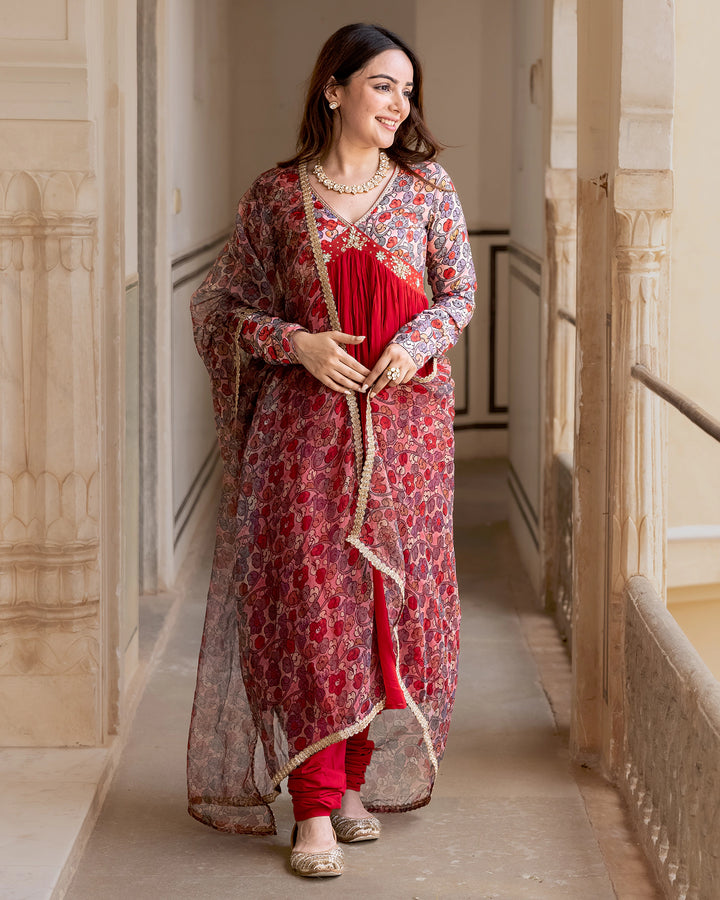 Red Floral Kalidaar Suit Set