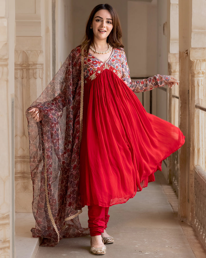 Red Floral Kalidaar Suit Set