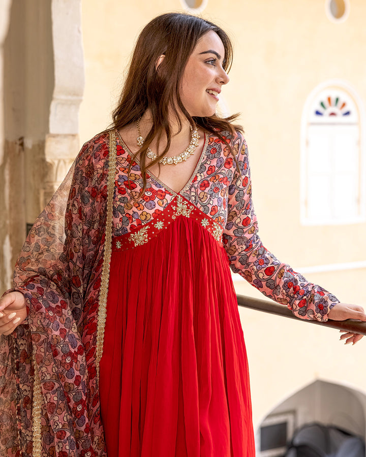 Red Floral Kalidaar Suit Set