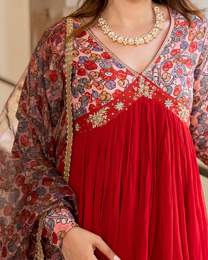 Red Floral Kalidaar Suit Set