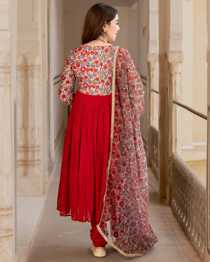Red Floral Kalidaar Suit Set
