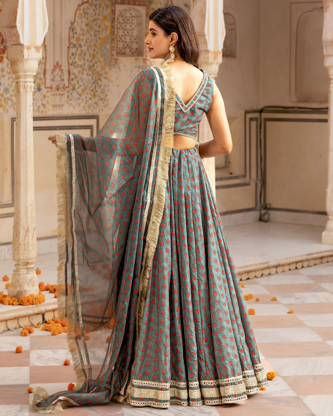 Green Floral & Gota Lehenga Set