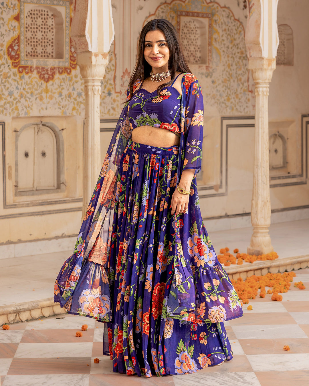 Blue Florian Jacket Lehenga Set
