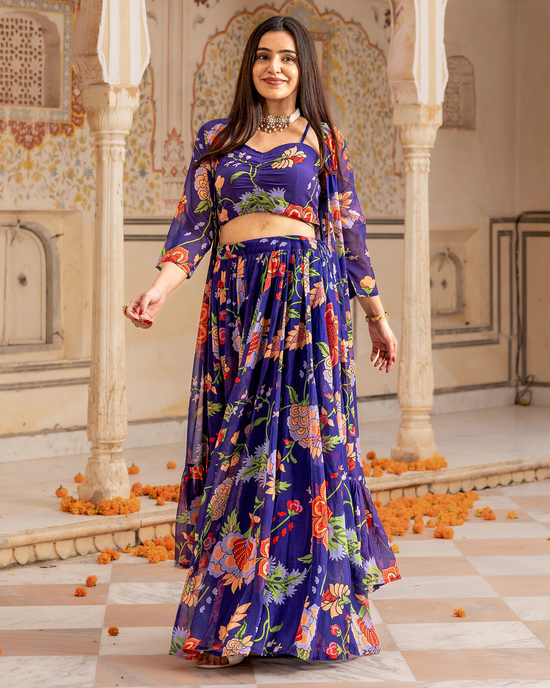 Blue Florian Jacket Lehenga Set
