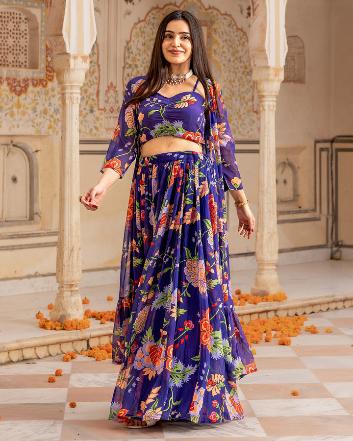 Blue Florian Jacket Lehenga Set