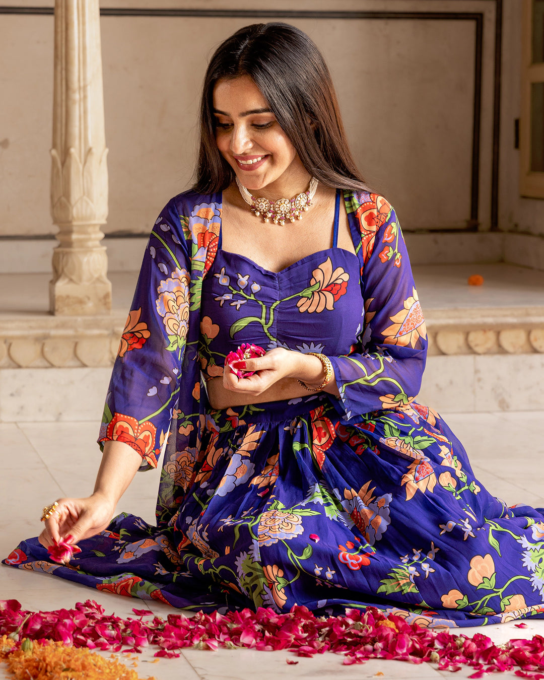 Blue Florian Jacket Lehenga Set