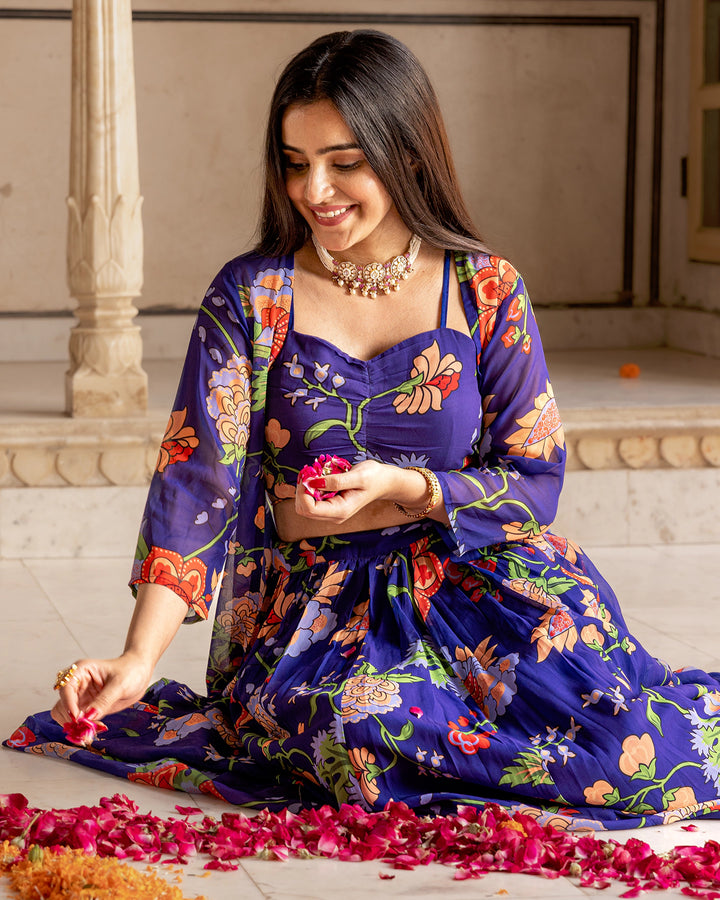 Blue Florian Jacket Lehenga Set