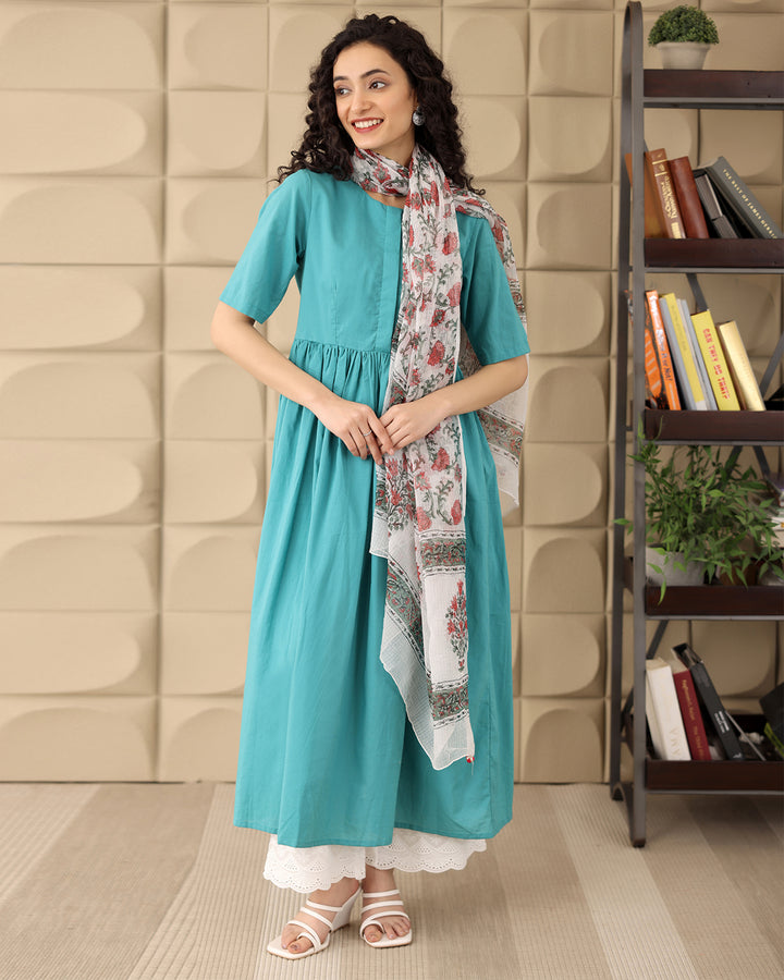 BLUE COTTON KURTA- DUPATTA SET