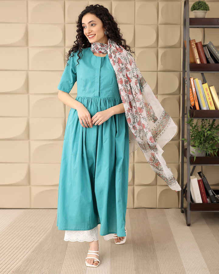BLUE COTTON KURTA- DUPATTA SET