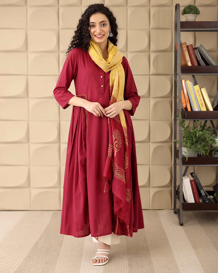 Maroon A-line Cotton Kurta Set