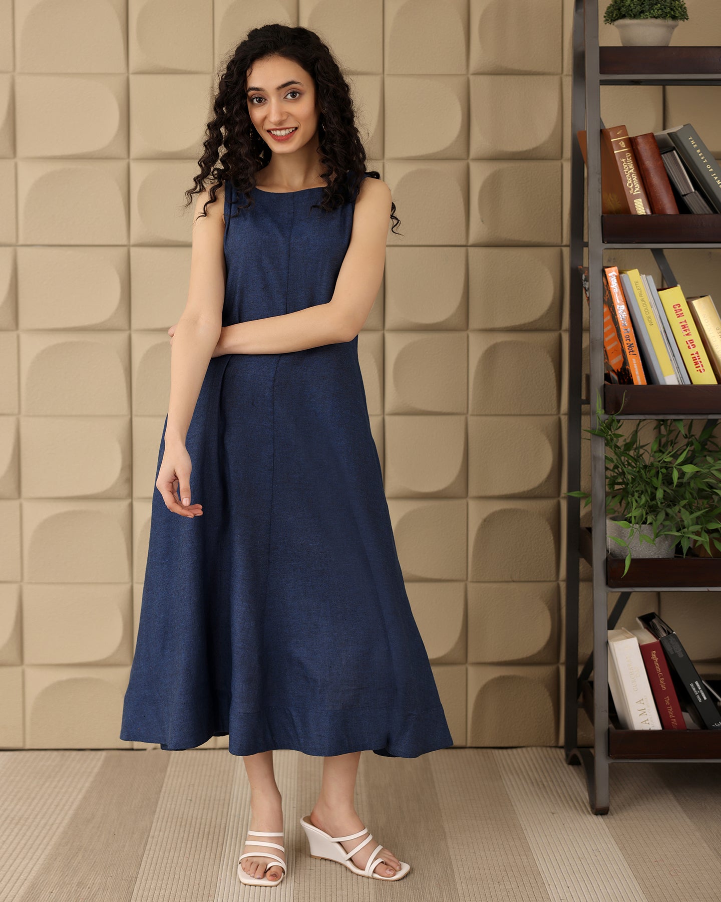 Buy A-line Navy Cotton Midi Dress Online in India – Ambraee