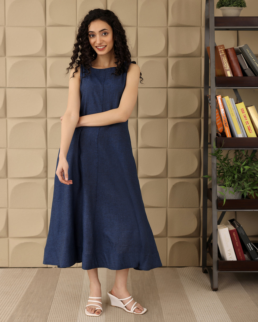 A-line Navy Cotton Midi Dress
