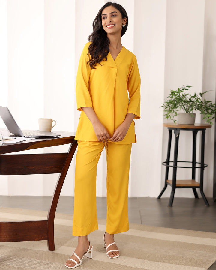 Yellow V-neck Rayon Co-ord Set