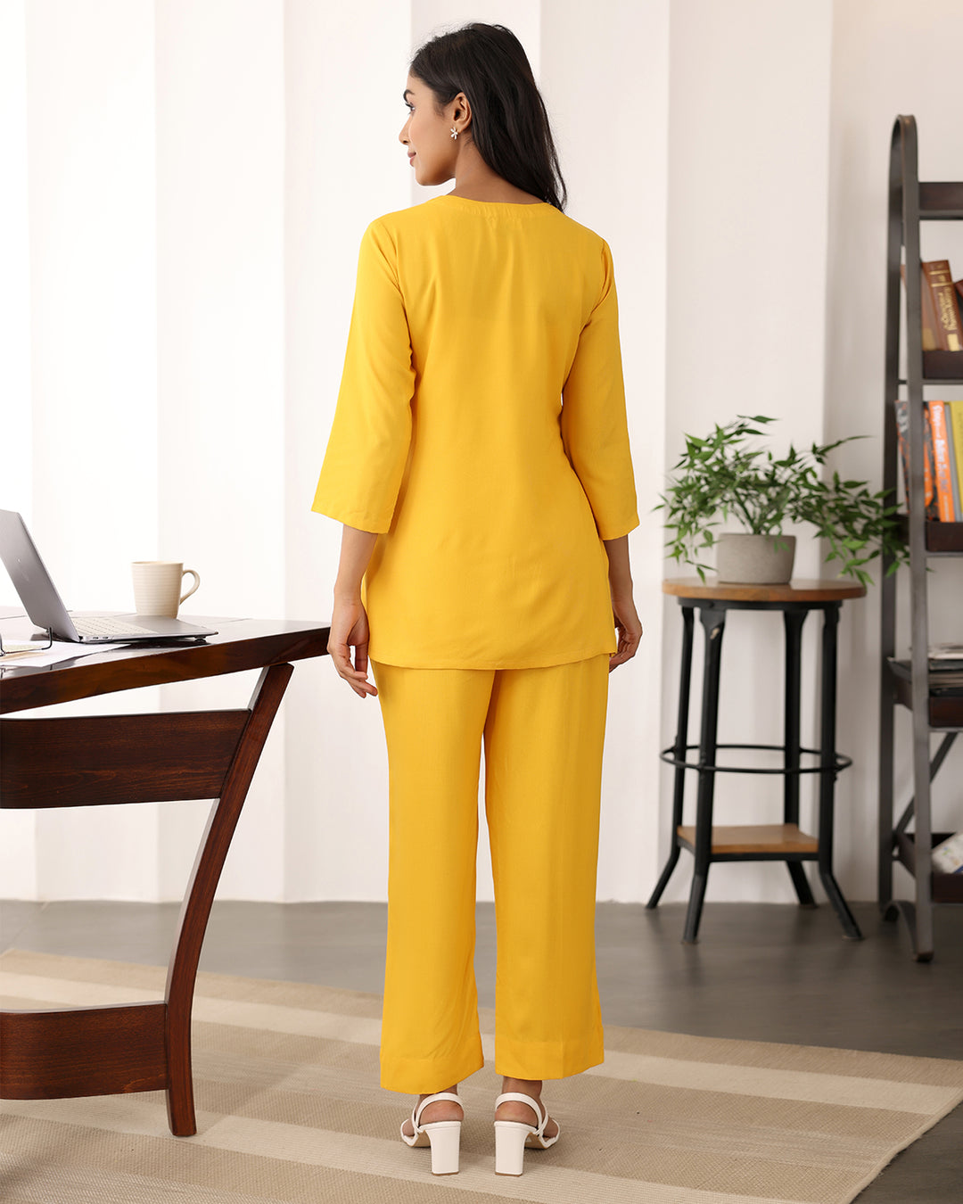 Yellow V-neck Rayon Co-ord Set