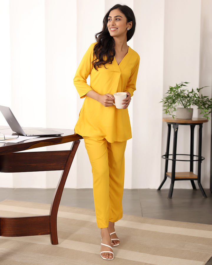 Yellow V-neck Rayon Co-ord Set