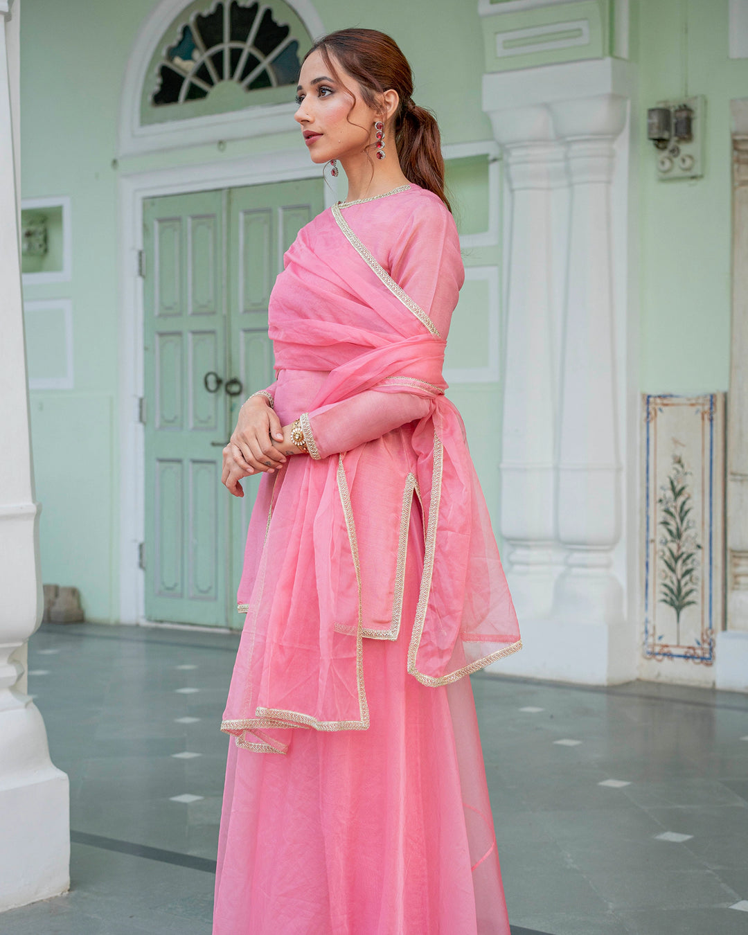 Rose Tissue Solid Sharara Set