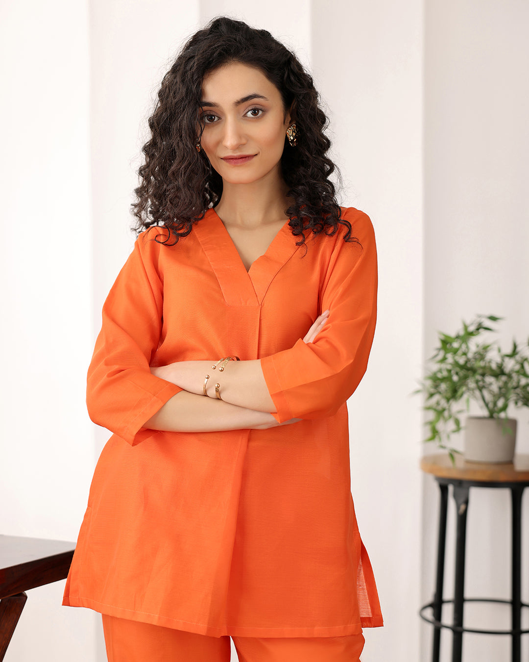 V-Neck Orange Chanderi Co-ord Set