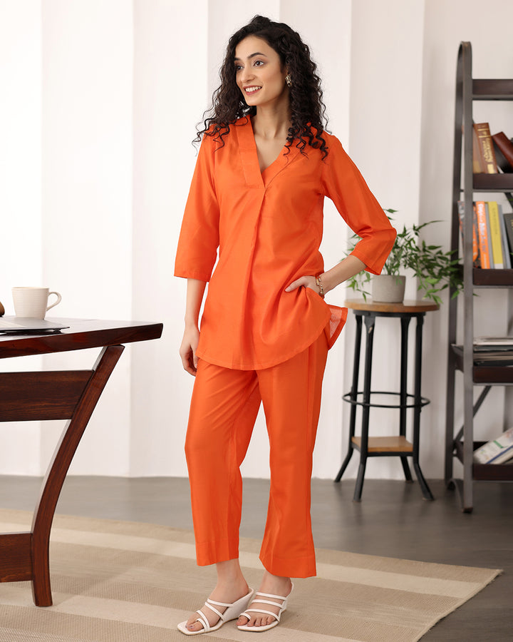 V-Neck Orange Chanderi Co-ord Set