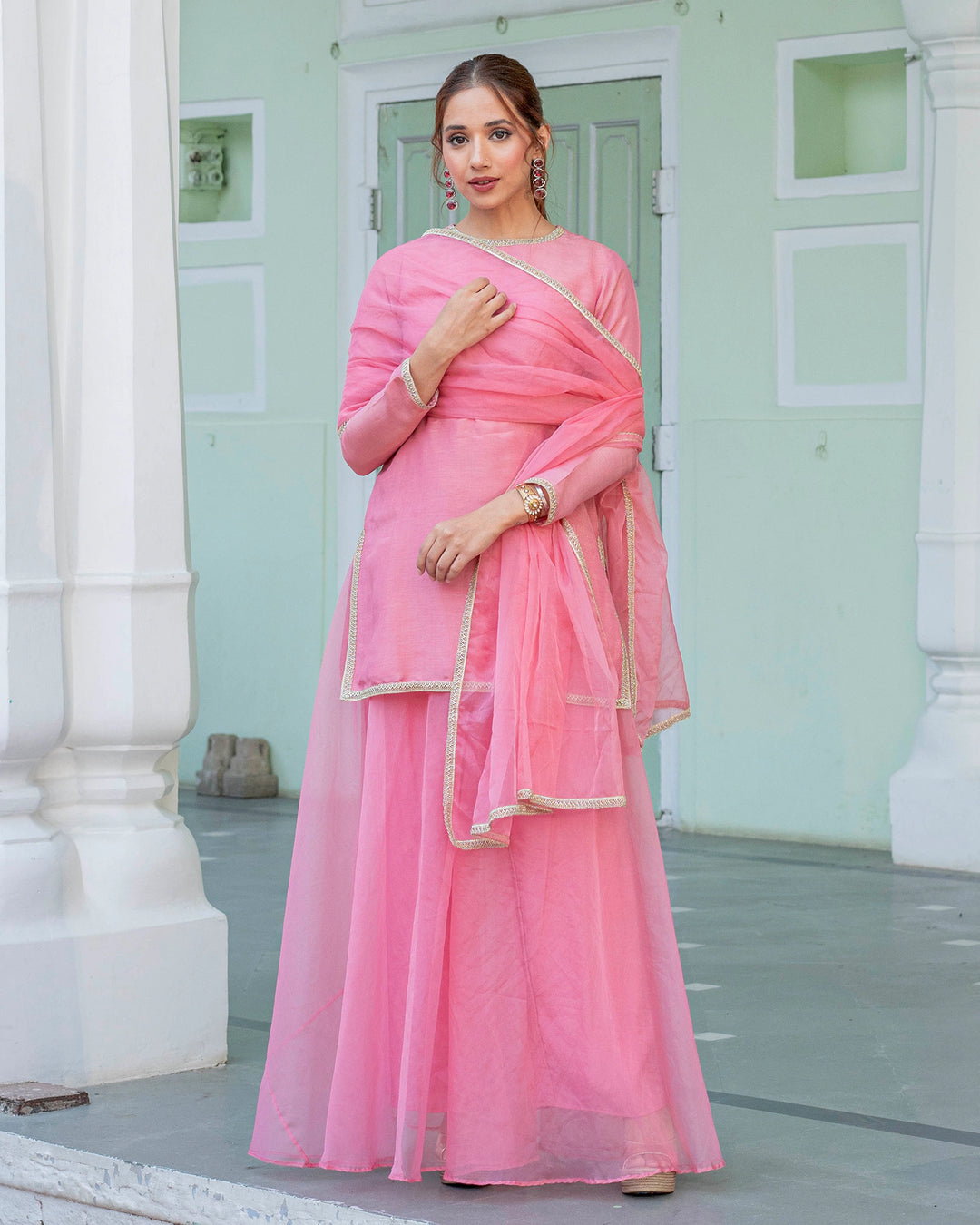 Rose Tissue Solid Sharara Set