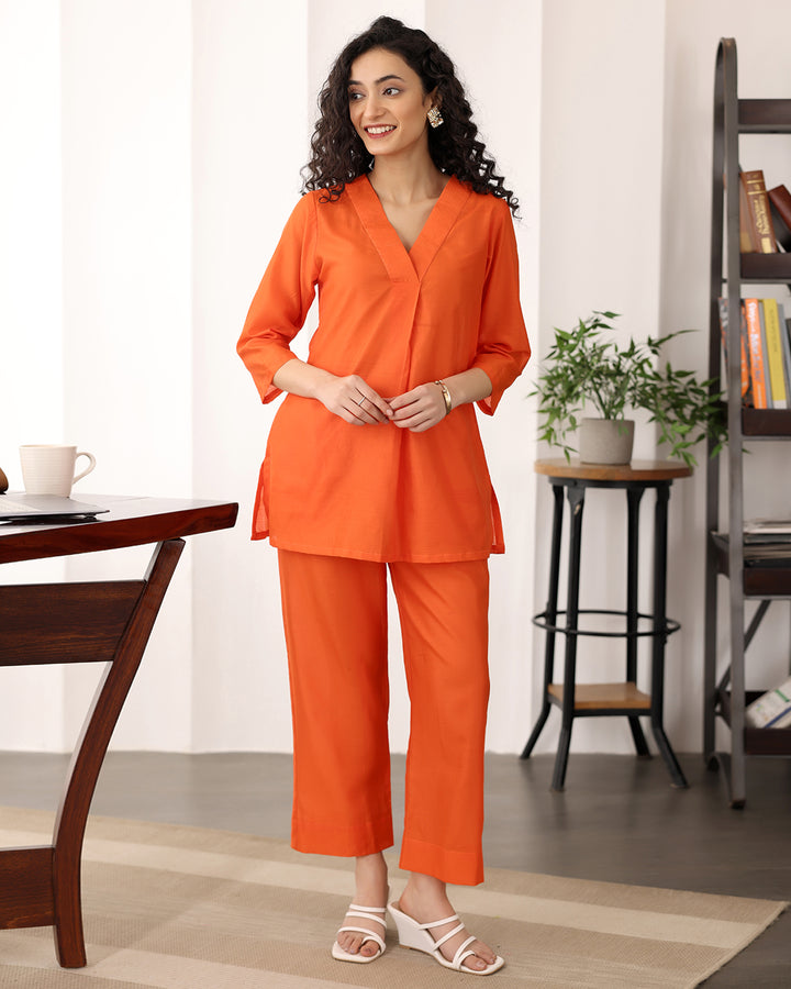 V-Neck Orange Chanderi Co-ord Set