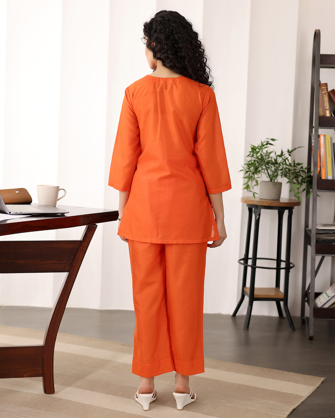 V-Neck Orange Chanderi Co-ord Set