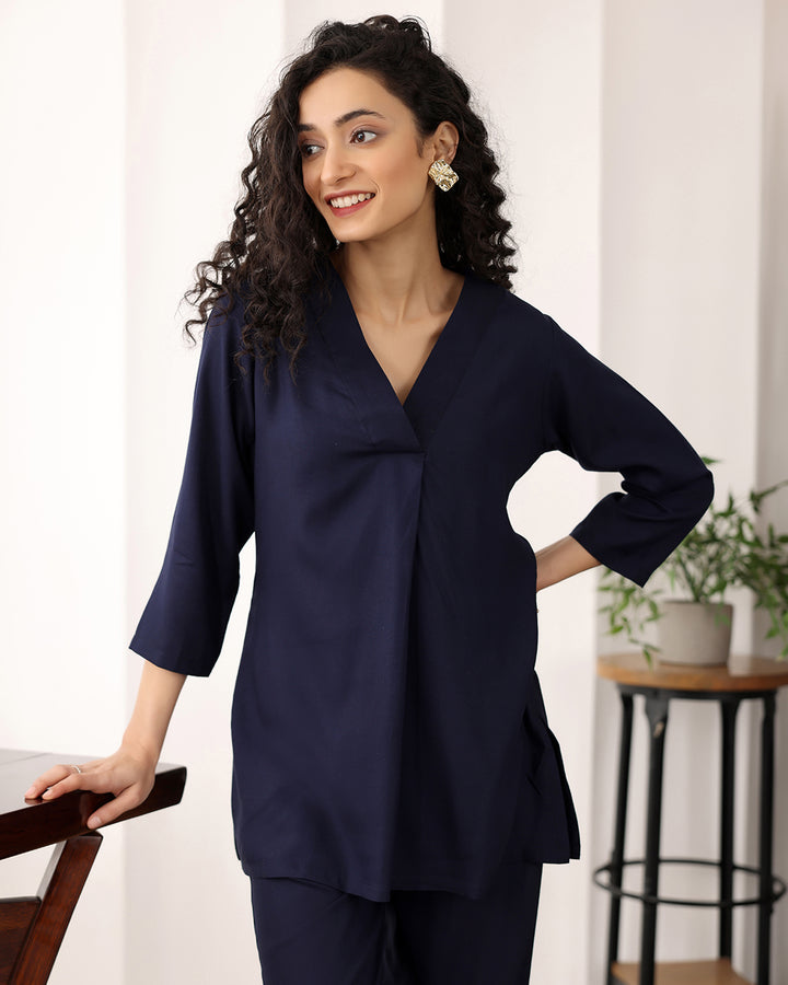 V-neck Black Cotton Co-ord Set