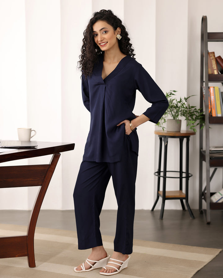 V-neck Black Cotton Co-ord Set