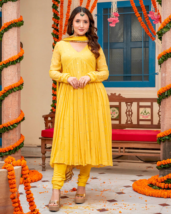 Mustard Mukaish Work Suit Set