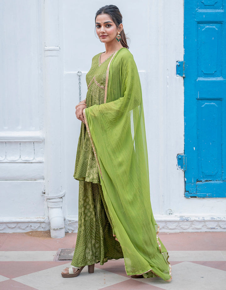 Green Bandhej & Sequin Sharara Set
