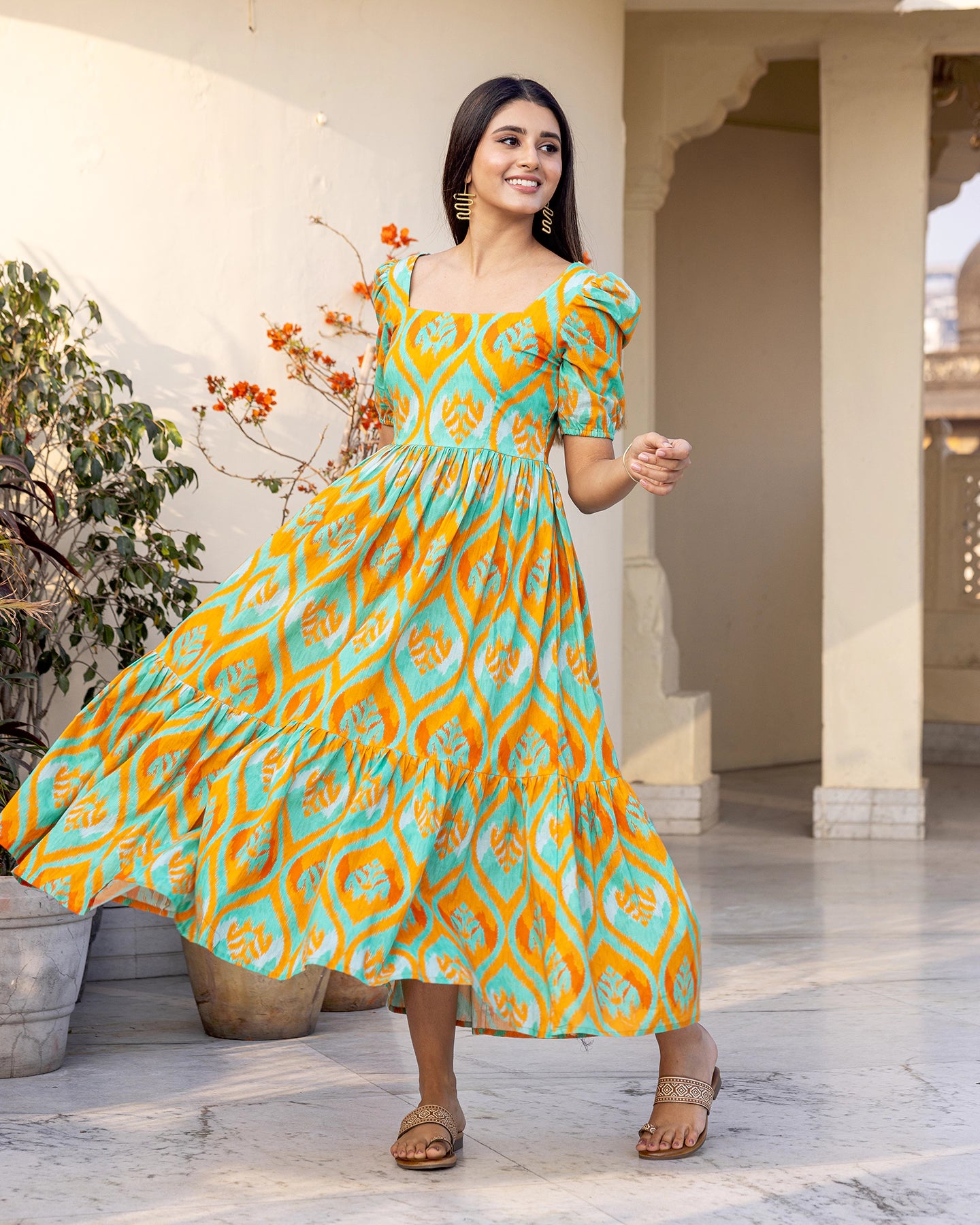 chinese dress ladies Buy Teal Green Ikat Dress Online in india – Ambraee